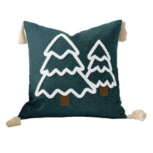 Christmas Tree Embroidery Cushion Cover Festive Cotton Canvas Pillow Case with Tassels New Year Home Decor A