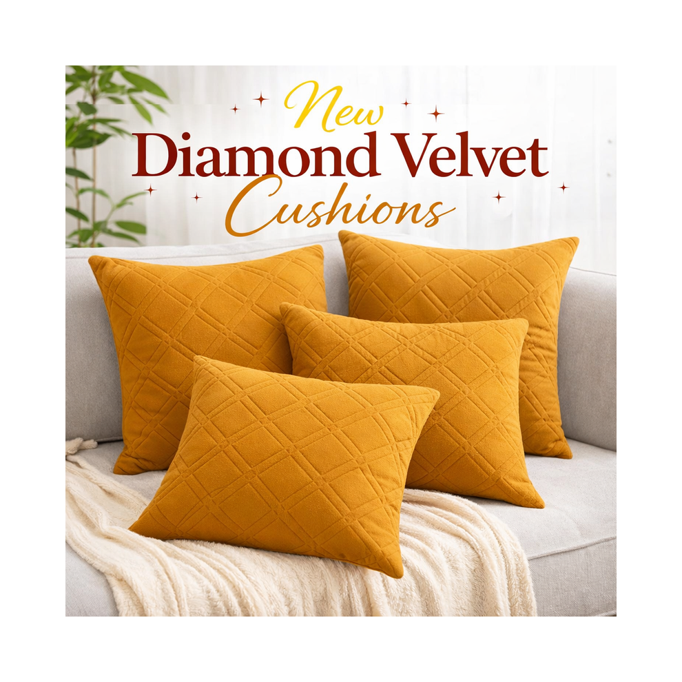 Imperial Rooms (Pack Of 4, Ochre) Diamond Embossed Velvet Cushions With Filling | Luxury Soft Throw Cushions For Sofa Bed & Living Room