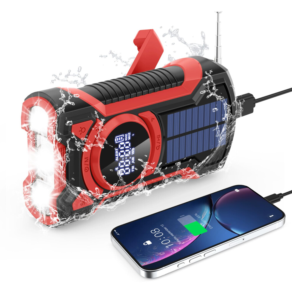 Red Emergency Weather Radio Hand Crank Solar Noaa Alert 5000Mah Bluetooth Ipx5 Waterproof Flashlight Sos
