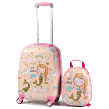 GYMAX 2Pcs Kids Luggage Set, 16"/18" & 12" Girls Suitcase and Backpack Set with 4 Spinner Wheels, Hard Shell Children Trolley Case for Travel School