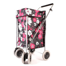 Premium 6 Wheel Swivel Shopping Trolley with Adjustable Handle Black with Pink and White Floral Print