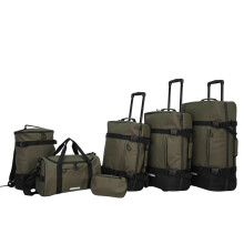 Hodge & Hodge Safari 6-Piece Luggage Set Soft-Shell Olive Green Water-Repellent PU Telescopic Handles Inline Wheels Backpack Duffle Wash Bag