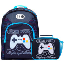 ThePyjamaFactory Game Over Recharging Boys Girls Gaming Backpack and Lunch Box Bag 2 Piece Set Gamer Rucksack Kids School Bag