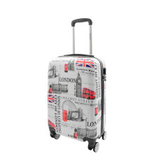 House Of Leather Four Wheels Hard Shell London City Print Suitcase Lockable Travel Luggage (White, Cabin)