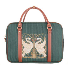 Signare Swan Tapestry Cabin Bag, Green with Brown Leather Trim, Walter Crane Design (Swan, Rush and Iris, CABIN-SWAN)