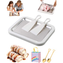 Rolled Ice Cream Maker with Instant Freeze Plate, DIY Stainless Steel Kit with 2 Scrapers White