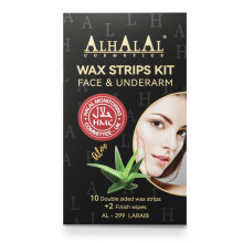 Alhalal, Halal Wax Strips, Hair Removal, Face & Underarm, Sensitive Skin, 10 double sided Strips, 2 Finish Wipes with aloe vera fragrance vegan and