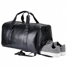 Lightweight Faux Leather Duffel Bag with Dedicated Shoe Pocket, 35L Compact Carry On Weekender for Overnight Trips & Gym, Waterproof & Stylish(Black)
