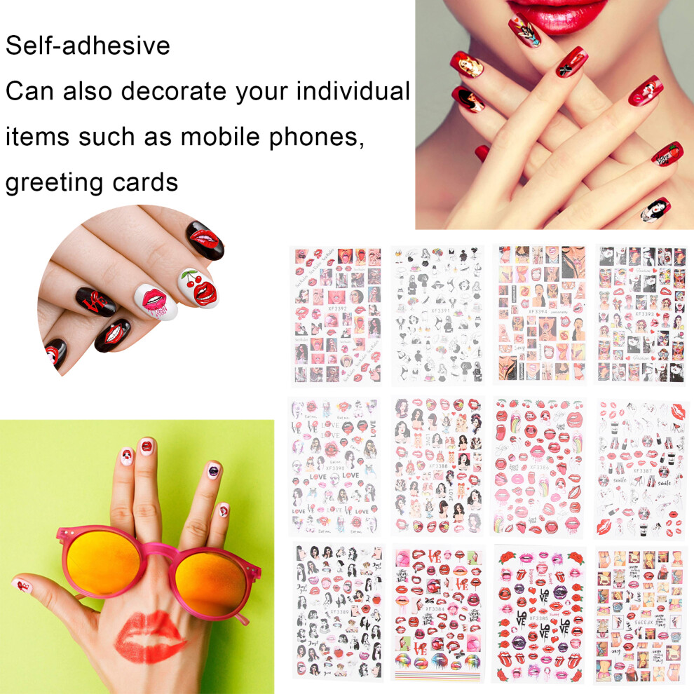 12 Blatt Lippen Lady Muster Nail Art Sticker