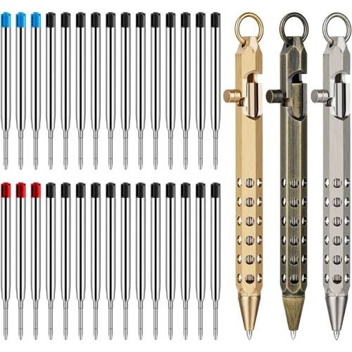 3Pack Bolt Action Pen Set, Hexagonal Solid Brass Pocket Pen with 30 Ballpoint Refills B 1