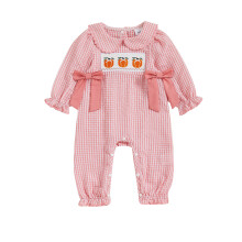 (0-3 Months, Pink) Dívčí overaly, halloweenské oblečení, dýňové výšivky, kostkované body s dlouhým rukávem