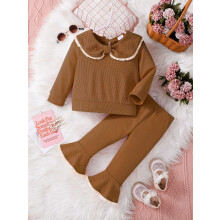 (6-9M, Brown) Conjunto de outono para bebê menina com 2 peças: blusa de manga comprida com laço e calça flare.
