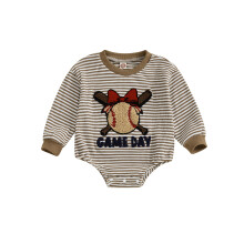 (12-18 Months, Khaki) Tutina a nido d'ape per neonate, con fiocco e maniche lunghe, moda casual con ricamo lettere e righe.