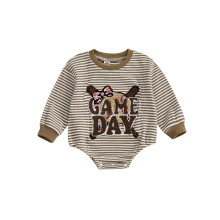 (3-6 Months, Brown) Tutina a nido d'ape per neonate, con fiocco e maniche lunghe, moda casual con ricamo lettere e righe.