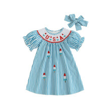 (18-24 Months, Blue Ice Cream Dress) Shodné sestry - Krátký overal/šaty s mašlí a kostkovaným potiskem ke 4. červenci