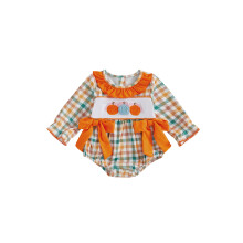 (6-12 Months, Orange) Dívčí overal s dlouhým rukávem, kulatým výstřihem a mašlí, halloweenský kostým s dýňovou výšivkou.