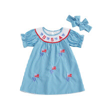 (2-3 Years, Sky Blue Flag Dress) Shodné sestry - Krátký overal/šaty s mašlí a kostkovaným potiskem ke 4. červenci