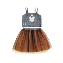 (5-6 Years, Silver) Completo Halloween bambina con fantasmi, glitter, scollo quadrato, spalline sottili, gonna in rete, set 2 pezzi.