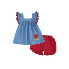 (3-4 Years, Blue) Completo estivo per bambina con ricamo a mela, top corto e pantaloni con elastico, set 2 pezzi per scuola.