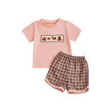 (0-3 Months, Pink) Conjunto bebê menina Dia de Ação de Graças: camiseta bordada de peru e shorts xadrez.