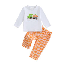 (2-3 Years, Orange) Halloween-Set für Kinder, 2-teilig: Langarm-Oberteil mit Rundhalsausschnitt und Kürbis-Stickerei, karierte Hose