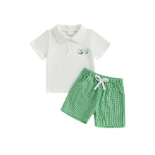(6-12 Months, White) Zomeroutfit voor babyjongen: T-shirt met korte mouwen en golfmotief & bijpassende geruite shorts (2-delige set)