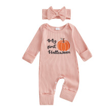 (Newborn, Pink) Halloweenský outfit pro miminko s dýní, dlouhým rukávem, žebrovým overalem, mašlí a čelenkou, dvoudílný set