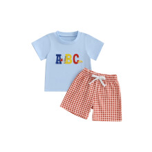 (5-6 Years, Blue) Babyjongensoutfit voor school: T-shirt met korte mouwen, letterborduur en geruite shorts met elastische tailleband.
