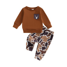 (18-24 Months, Dark Khaki) Babyjongen herfstoutfit: sweatshirt met lange mouwen en elastische broek met camouflageprint, 2-delige set voor peuters