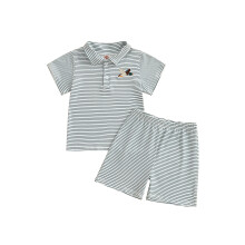 (4-5 Years, Green) Peuterbroekje/shortset met gestreepte eendjes en geborduurde kraag, korte mouwen, elastische tailleband, zomerkleding