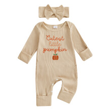 (3-6 Months, Khaki) Halloweenský outfit pro miminko s dýní, dlouhým rukávem, žebrovým overalem, mašlí a čelenkou, dvoudílný set