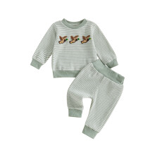 (18-24 Months, Green) Jongens herfstset van 2 delen: broek, top met lange mouwen, ronde hals en eendenborduursel, gestreepte broek