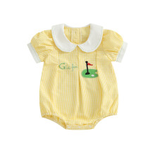 (6-12 Months, Yellow) Tutina estiva per neonati, vestibilità ampia, con ricamo a quadri, colletto a bambola e maniche corte.