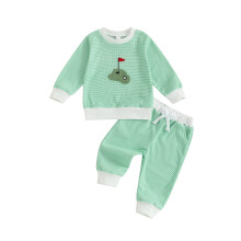 (6-12 Months, Green) Conjunto infantil masculino listrado para o outono, blusa de manga longa e calça com bolso (2 peças).