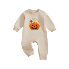 (0-3M, Beige) Tutina neonati maniche lunghe, scollo rotondo, ricamo, abbigliamento Halloween per bambine e bambini