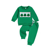 (2-3 Years, Green) Conjunto de Natal Infantil: Blusa de Manga Longa com Gola Redonda e Bordado + Calça Lisa com Elástico