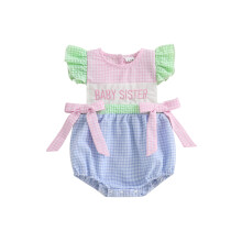 (3-6 Months, Multi-Color 2) Tutina estiva per bambina, ampia vestibilità, con fiocchi e ricamo, fantasia a quadri, scollo rotondo.