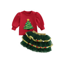 (4-5 Years, Red) Completo bambina: maglione maniche lunghe con ricamo albero di Natale e gonna a balze in rete (2 pezzi).