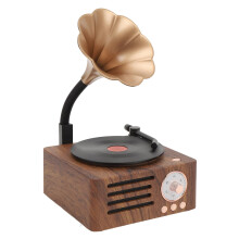 Vintage Bluetooth Speaker with Copper Horn, Retro Record Player with FM Radio for Home Decor