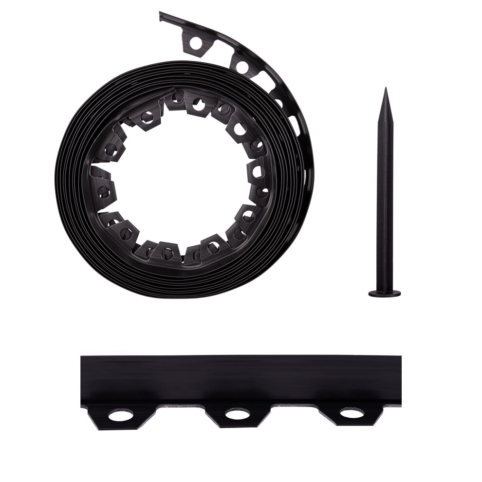 Lawn Garden Edging Border With Heavy-Duty Ground Stakes 32Ft | 10M Black 6Cm High Flexible Flower Bed Edge And Reinforced Plastic Pegs, Professional 5051224438204