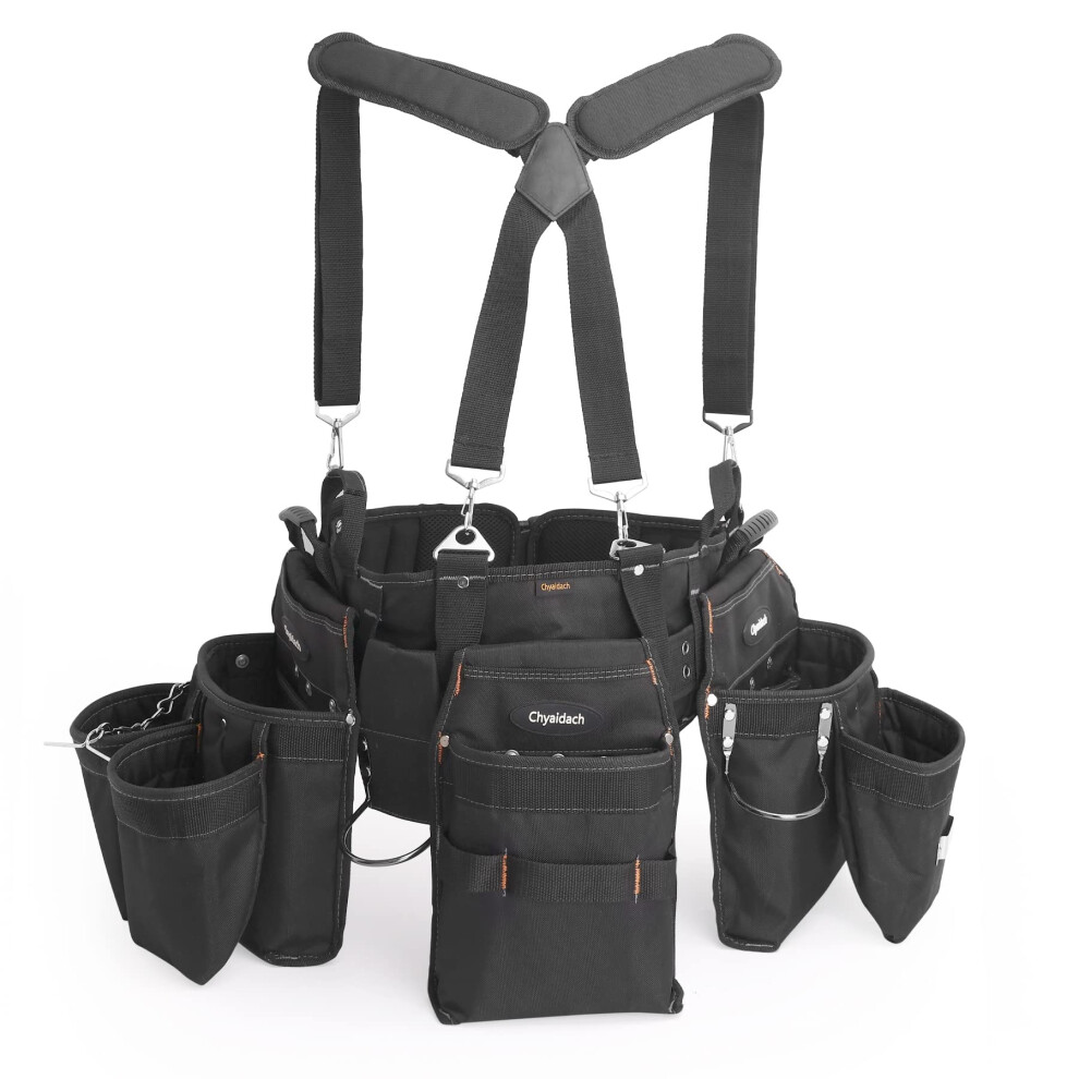 Heavy Duty Tool Belt With Suspenders, 16 Pockets, Adjustable Fit, Back Support, Detachable Pouches For Construction And Electricians 9169991252957