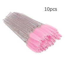 (Pink 10pcs)Cepillo de pestañas desechable rímel de cristal mango de diamante maquillaje varita espiral