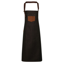 (One Size, Black/Tan Denim) Premier Unisex Adults Division Waxed Look Faux Leather Denim Bib Apron