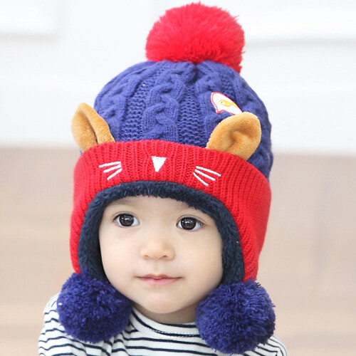 (Blue)Children Hat Autumn Winter Knitted Plush Thickened Warm Ear Protective Caps 2