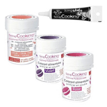 3 colorantes alimentarios rosa-púrpura-coral + rotulador negro