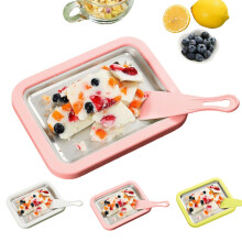 Rolled Ice Cream Maker Kit with Quick Freeze Plate and Scrapers, Stainless Steel Home Dessert Pan, XL Pink