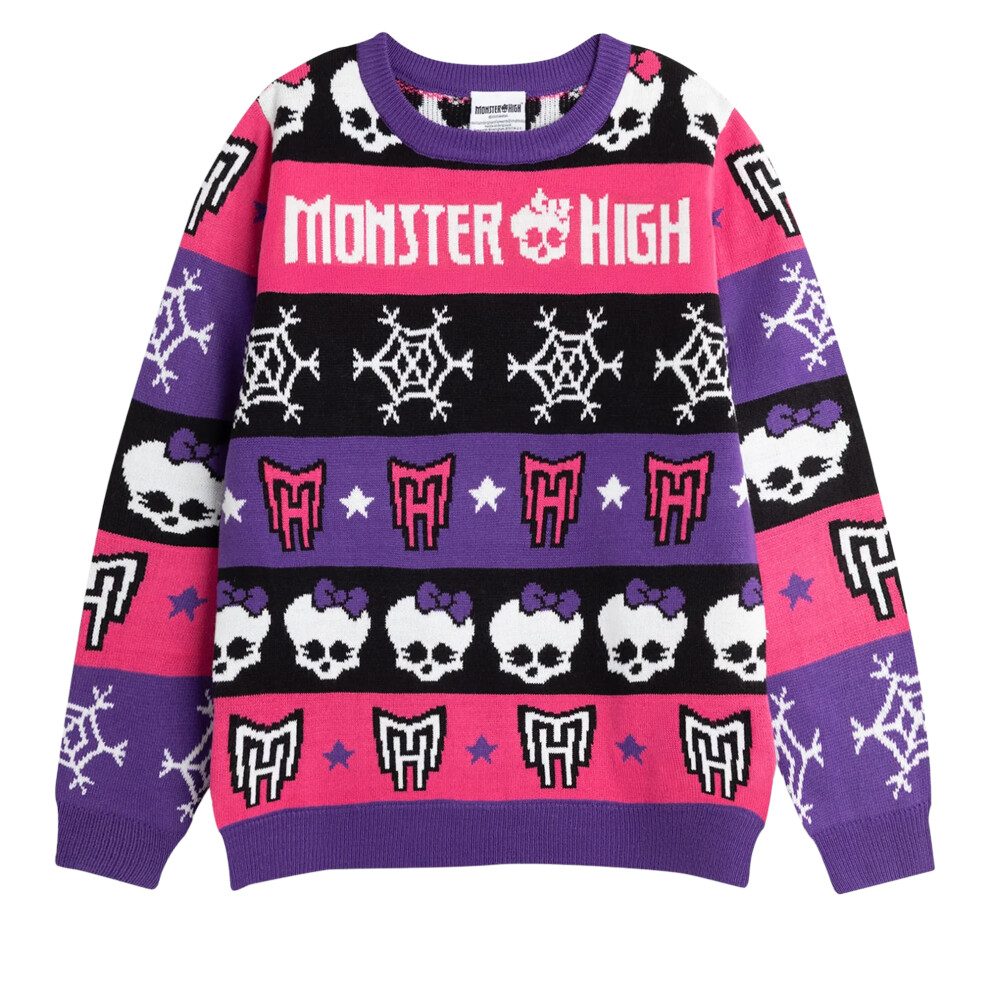 Monster High (13-14 Years, Pink/Multicoloured) Girls Skull & Snowflake Christmas Jumper Multicoloured