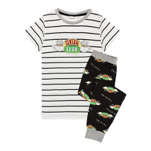 (9-10 Years, White/Black) Friends Girls Central Perk Logo Long Pyjama Set