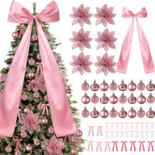 61Pcs Pink Christmas Tree Decorations Set with Large Bow Topper, Glitter Poinsettias and Ornaments for Holiday Home and Party