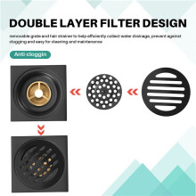 4 Inch Square Shower Drain with Removable Cover Grate, Brass Anti Clogging and Odor Point Floor Drain Assembly with Hair Catcher Strainer, Matte Black